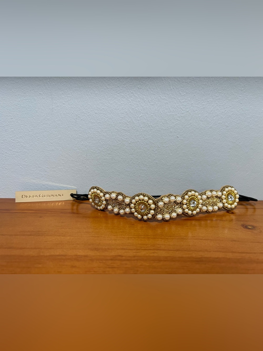 DEEPA GURNANI NWT Beaded Pearl Embellished Boho Stretch Leather Lined Headband